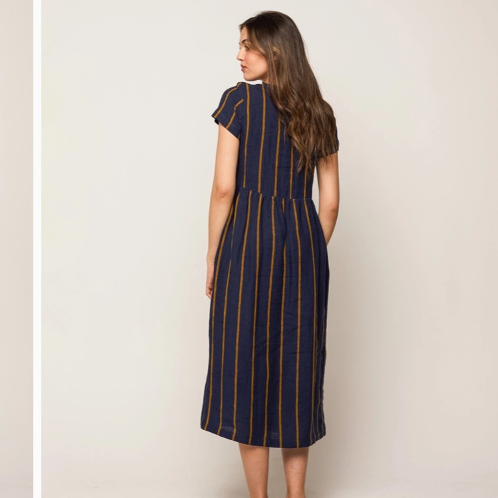 Pyne & Smith Model No. 17 Oxford Stripe Dress Navy Blue & Yellow Striped Linen - Picture 7 of 8